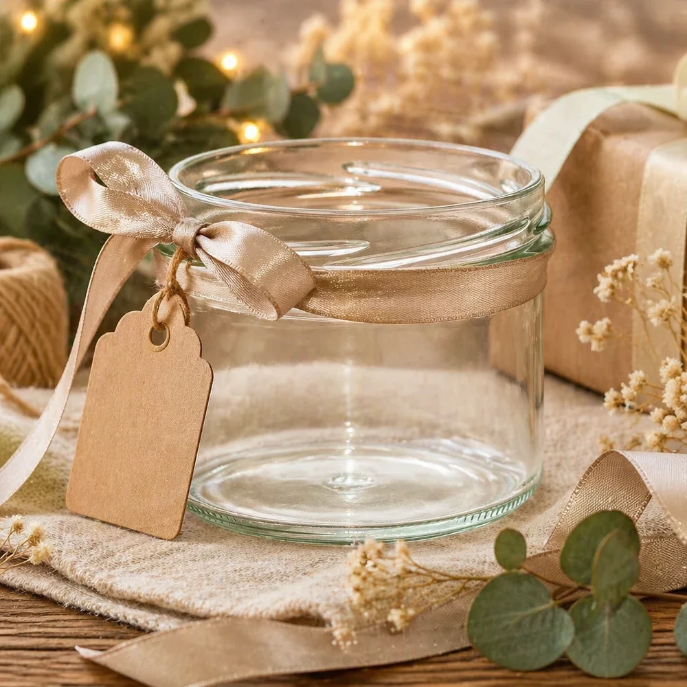 Copos UNiTWIST Sturz225 225 ml TO82 vazios com laço dourado e etiqueta de oferta numa mesa de madeira rústica