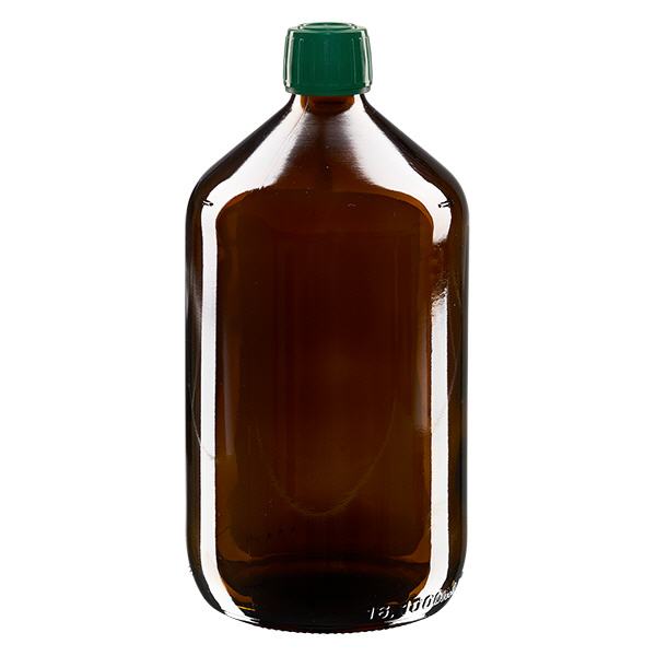 Frasco de medicamento de 1000 ml castanho, tampa verde com anel inviolável ApoGlas Frasco de medicamento de 1000 ml castanho, tampa verde com anel inviolável ApoGlas
