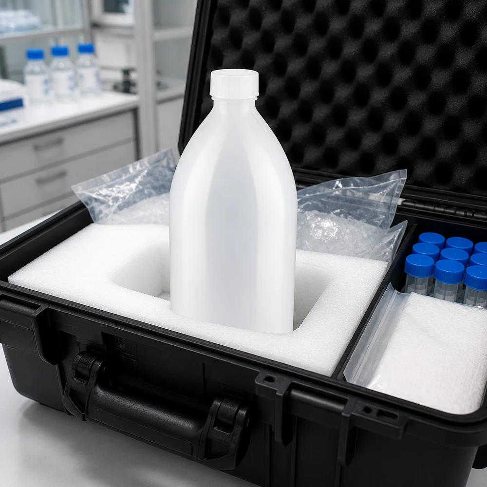 Frasco de rosca de 1000 ml, frasco de laboratório com gargalo estreito Probenahmekoffer mit 1000ml Enghals Schraubflasche und Probengefäßen für Außeneinsatz