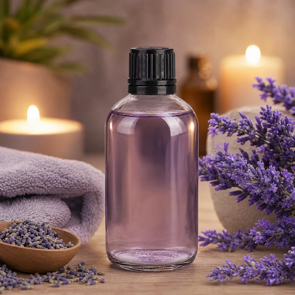 Óleo essencial de lavanda num frasco de vidro transparente de 100 ml com tampa preta com segurança para crianças