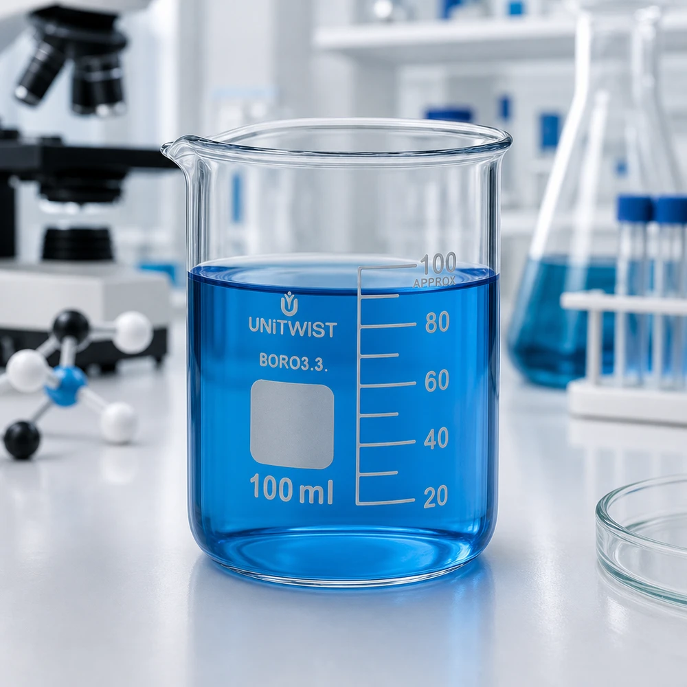 Copo de vidro UNiTWIST de 100 ml, de borossilicato, de formato baixo, com líquido azul num laboratório