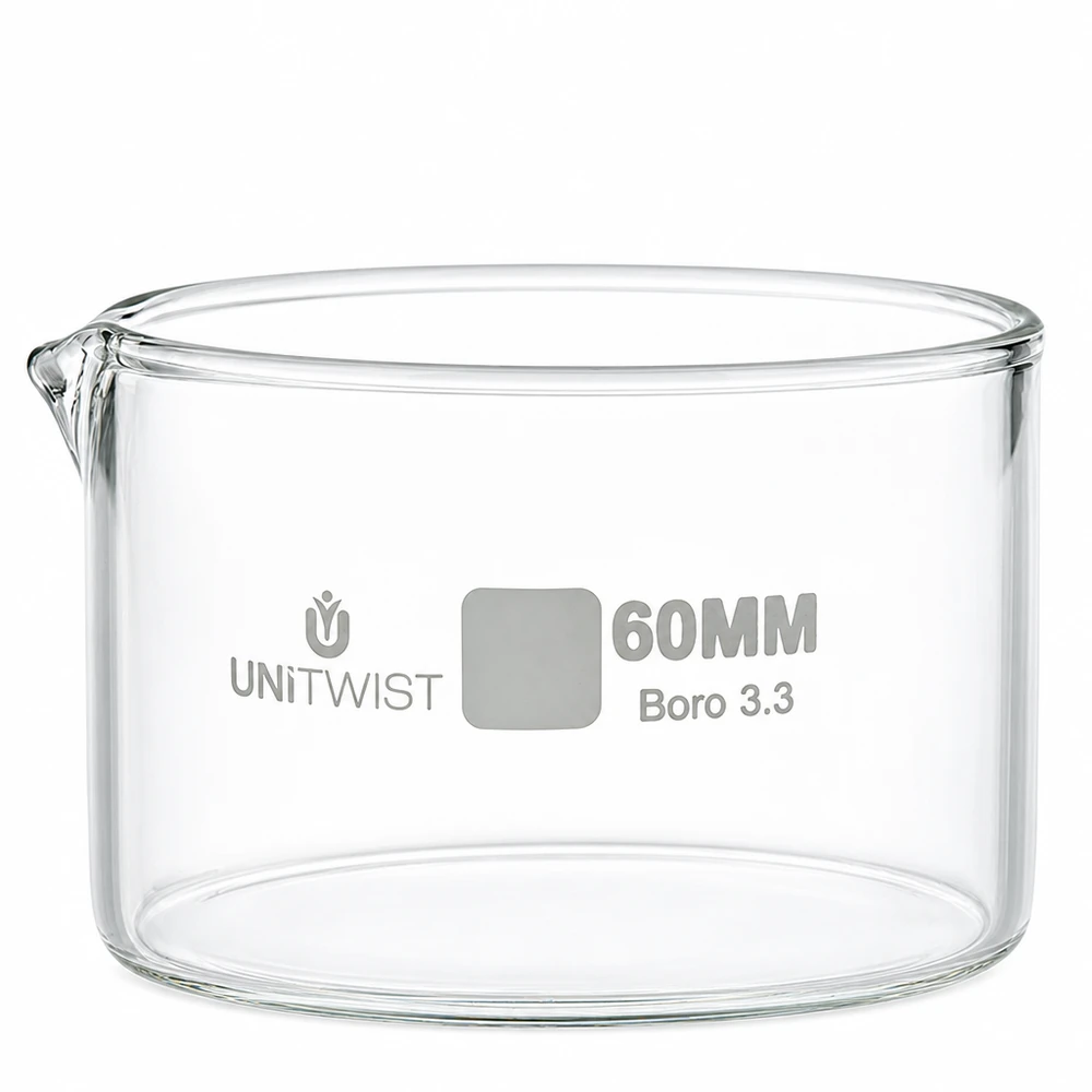 Prato de cristalização ø60mm em vidro borossilicato UNiTWIST Taça de cristalização de 60 mm em vidro borossilicato UNiTWIST Boro 3.3, transparente, cilíndrica, com bico de vertimento