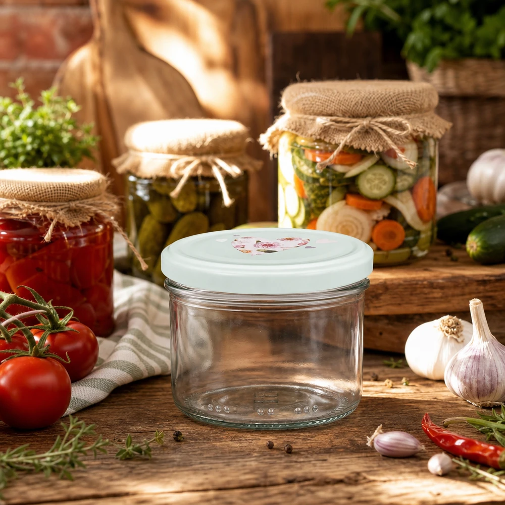 Frasco cilíndrico de 230 ml com tampa em forma de coração de hortelã na cozinha rústica entre os frascos de conserva de tomates e ervas aromáticas