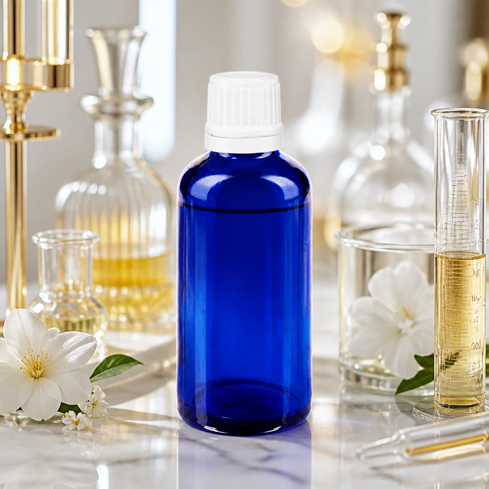 Frasco de vidro azul cobalto de 50 ml com tampa de segurança para crianças branca, num ambiente de laboratório