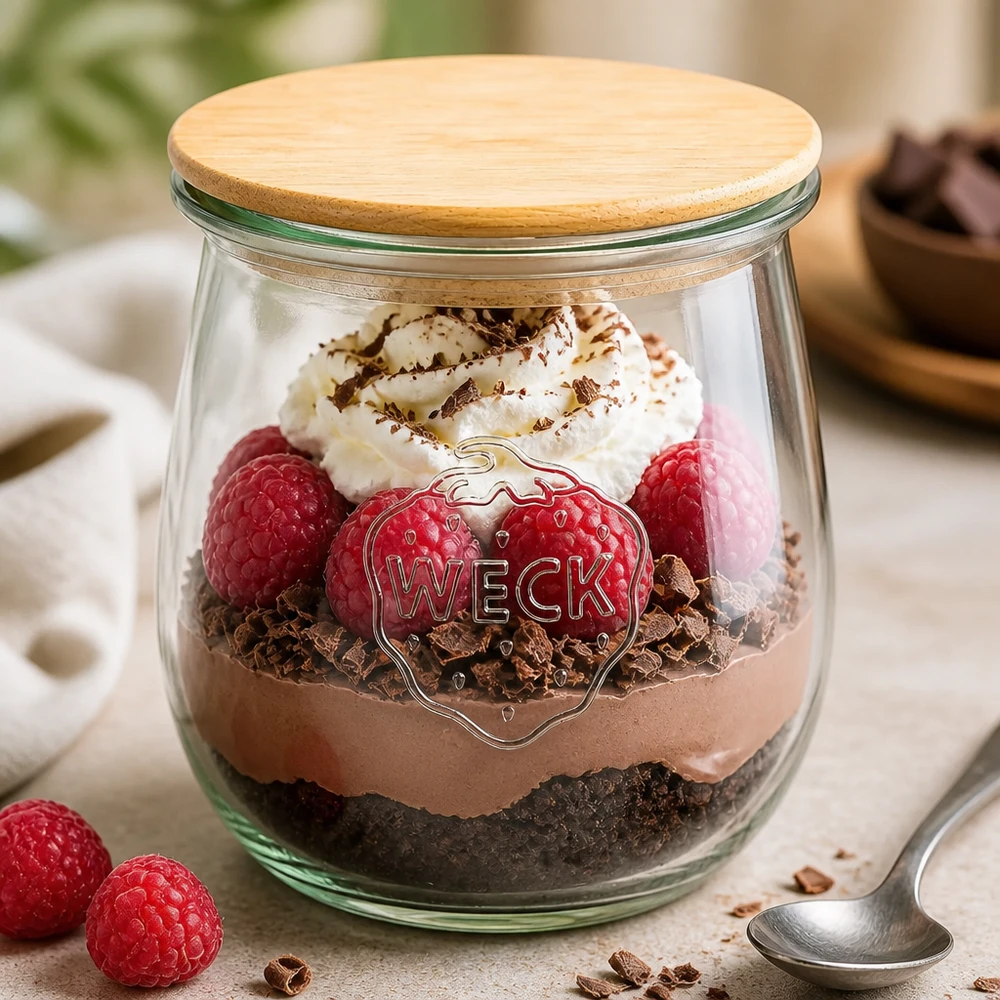 Frasco de tulipas de 220 ml WECK RR60 com tampa de madeira Frasco tulipa WECK 220ml RR60 com tampa de madeira como frasco de sobremesa - Mousse de chocolate com framboesas e natas num frasco de conserva