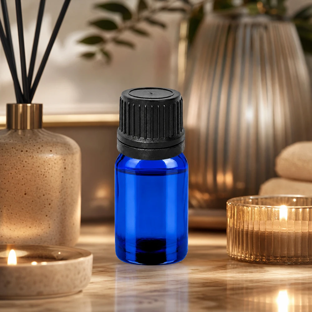 Frasco conta-gotas de 5 ml 1mm preto com fecho inviolável BlueLine UT18/5 Frasco conta-gotas compacto de 5 ml em azul elegante, ideal para óleos essenciais e essências