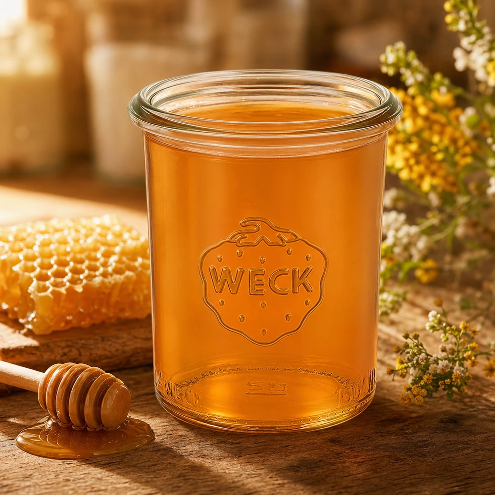 Frasco de vidro WECK RR60 de 160 ml cheio de mel sobre uma mesa de madeira com favo de mel e colher de mel decoração natural