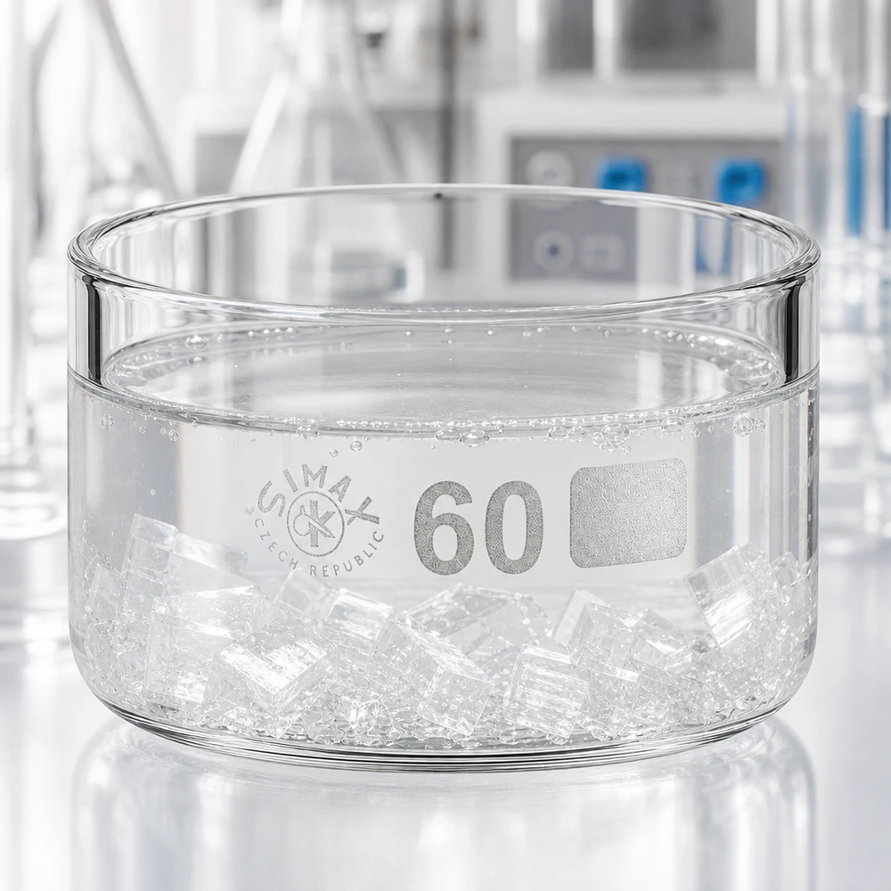 Cápsula de cristalização de 60ml sem bico em borosilicato ø60mm Bacete de cristalização transparente de 60 ml com cubos de gelo e bolhas de água num laboratório científico