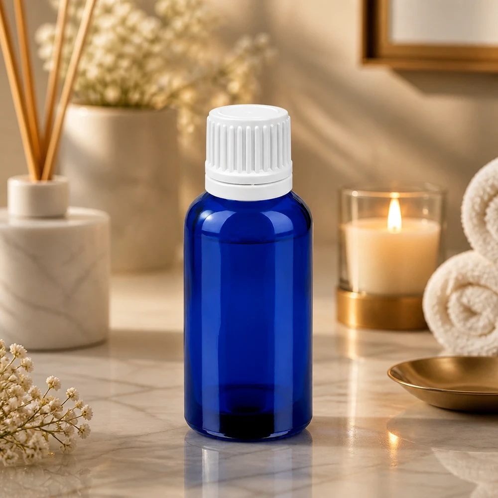 Frasco conta-gotas azul de 30 ml com tampa branca para óleos essenciais e aromaterapia