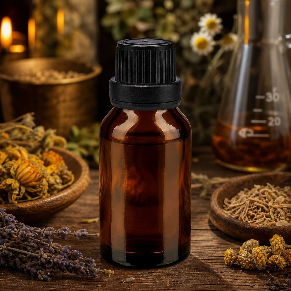 Frasco de farmácia castanho 30ml com tampa de rosca preta com fecho inviolável Garrafa de vidro castanha de 30 ml com tampa de rosca preta, rodeada por ervas medicinais secas e flores