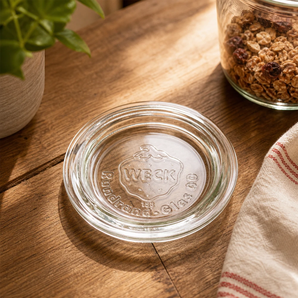 Tampa de vidro WECK RR60 transparente em cima de uma mesa de madeira com um frasco de muesli e um têxtil de cozinha Cena de cozinha rústica