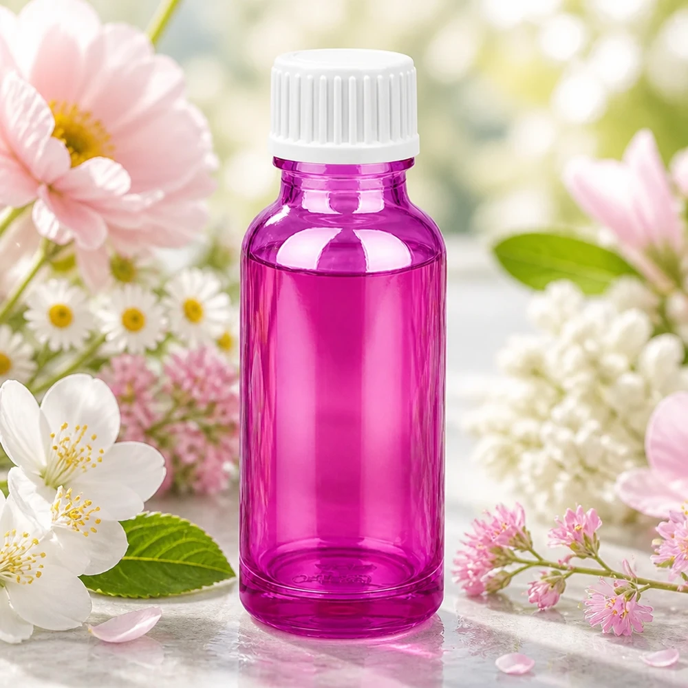 Frasco conta-gotas roxo de 20 ml com tampa de rosca branca para aromaterapia e cosméticos naturais