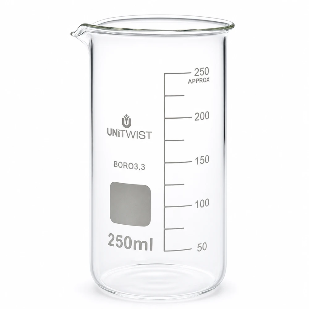 Copo de laboratório de 250 ml, de formato alto, em vidro borossilicato da UNITWIST, com escala em mililitros
