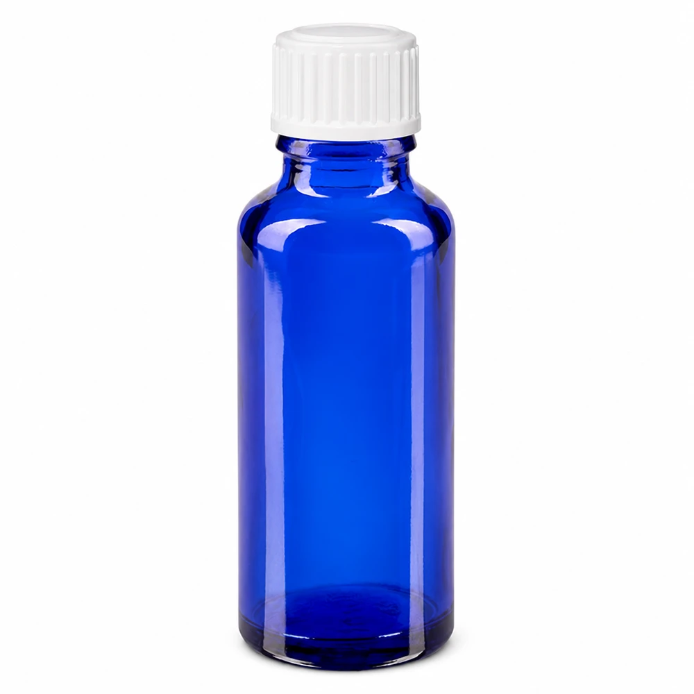 Frasco de vidro azul de farmácia com 30 ml e tampa de rosca branca de 11 mm