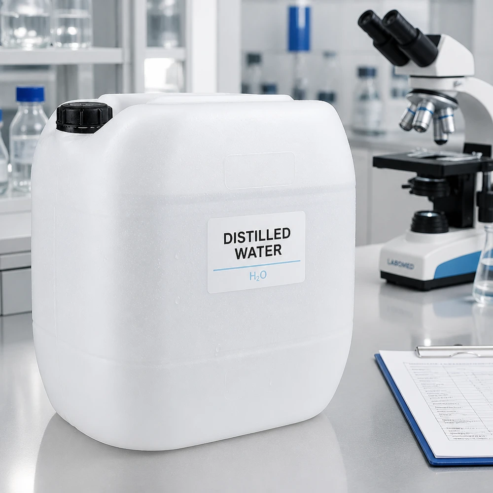 Água destilada H₂O em garrafões de 30 litros com tampa de rosca no laboratório