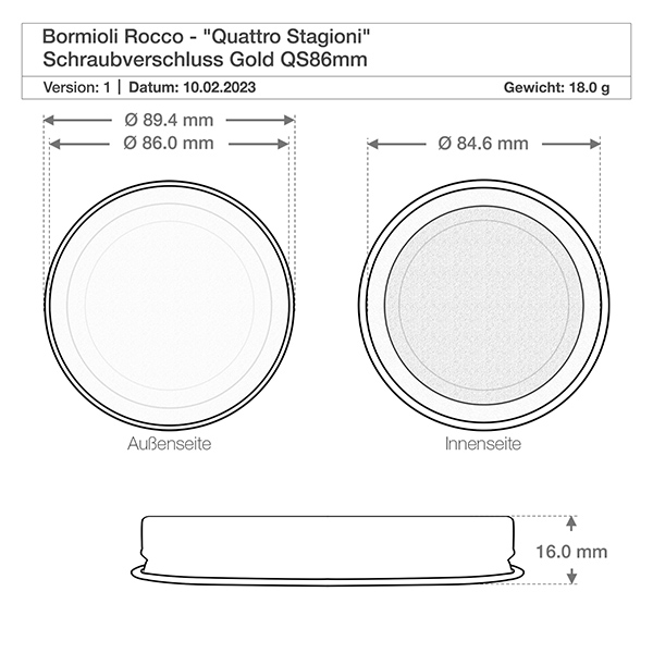 320ml Sturzglas "Quattro Stagioni" mit Deckel Desenho técnico Bormioli Rocco Quattro Stagioni tampa QS86mm com dimensões Diâmetro 89,4mm Peso 18g