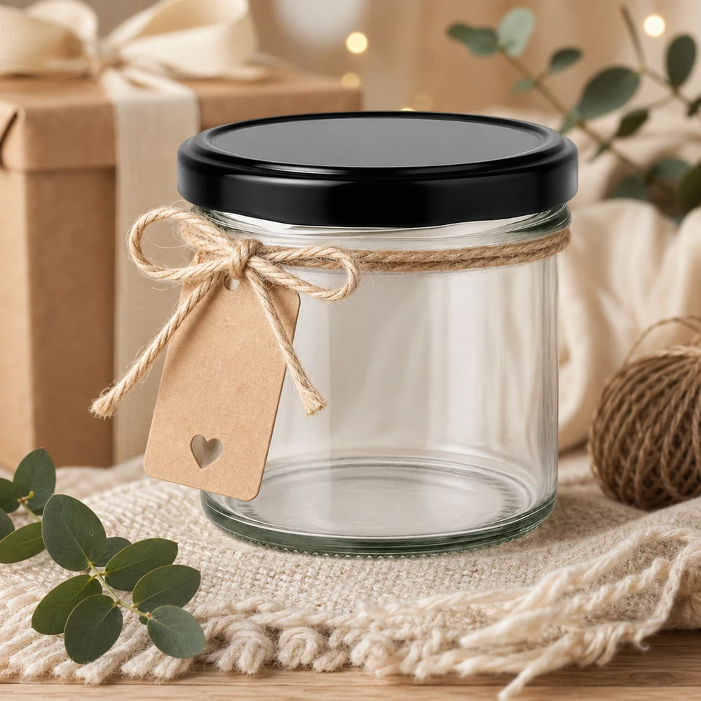 Copos de 125 ml com tampa preta como ideia de presente, decorados com cordão de juta e pendente de coração rústico