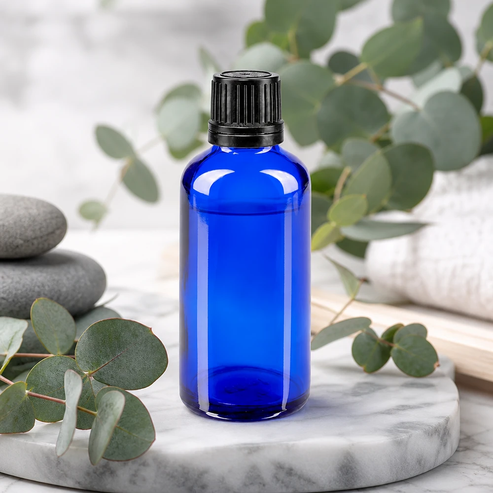 Frasco de farmácia azul cobalto de 50 ml com tampa OV preta sobre fundo de mármore com eucalipto