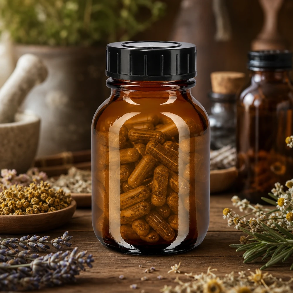 Frasco castanho de gargalo largo de 50 ml com tampa de rosca, ideal para cápsulas e suplementos alimentares
