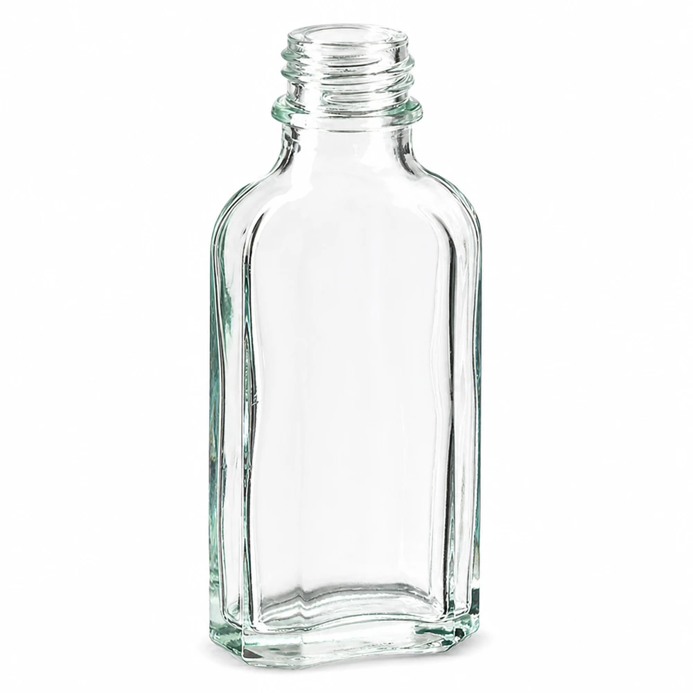 Frasco de vidro transparente de 50 ml com base plana e rosca DIN22 para líquidos