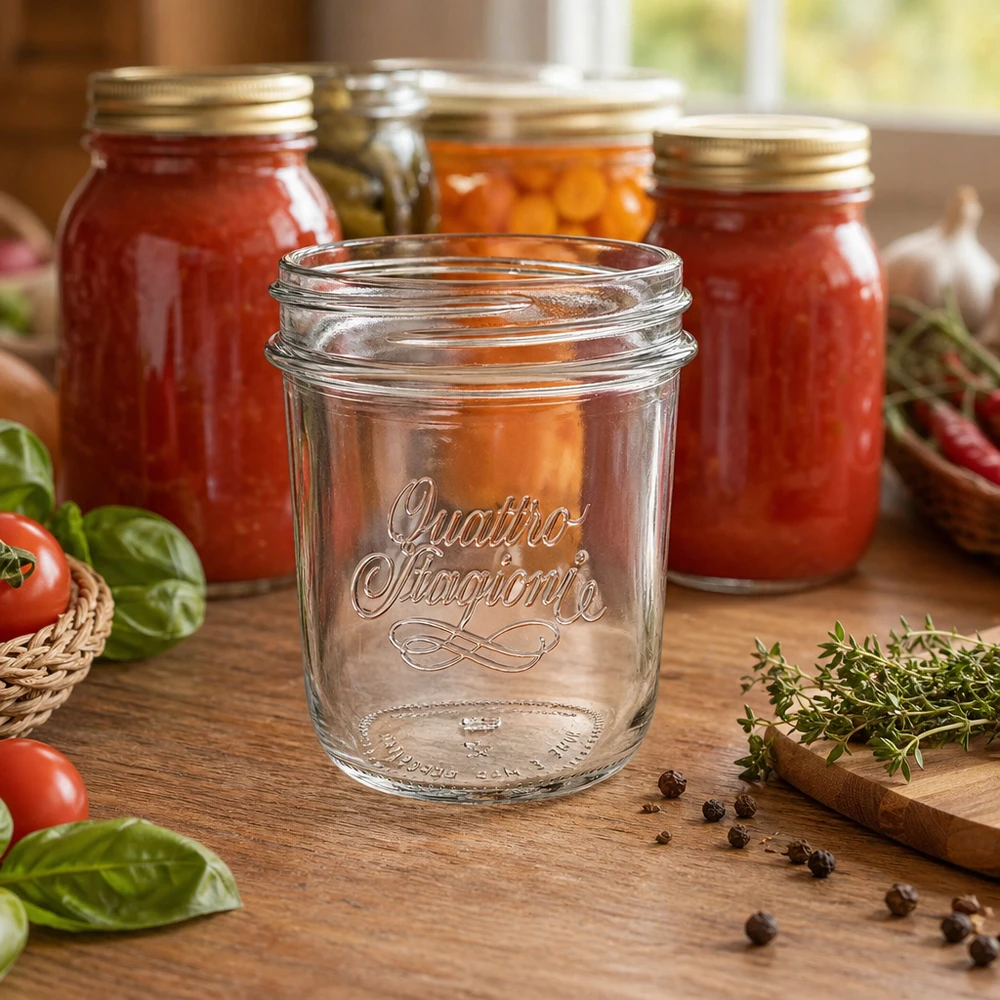 320ml Sturzglas "Quattro Stagioni" QS86mm Copos Quattro Stagioni de 320 ml com rosca QS86mm sobre mesa de madeira em frente a frascos de conserva com tomates e ervas aromáticas