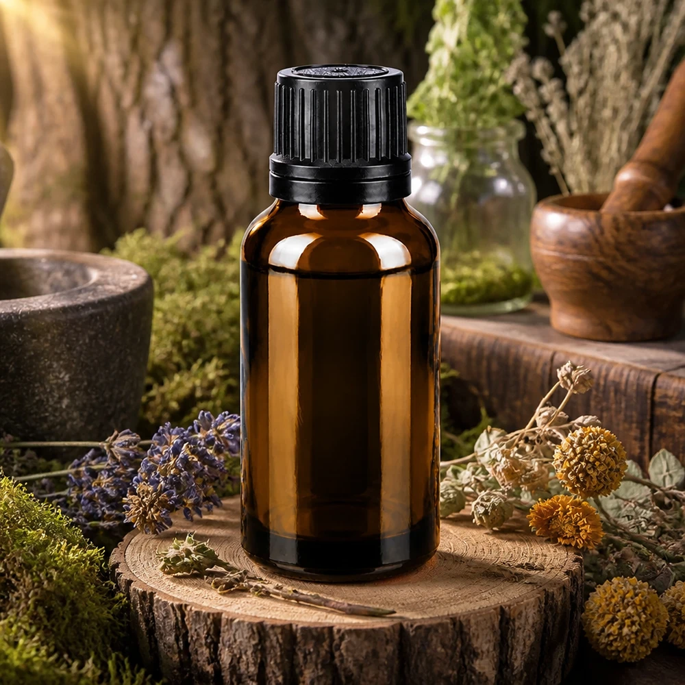 Frasco de farmácia castanho 20ml tampa conta-gotas anel de vazamento 1mm tampa inviolável preta Pequeno frasco de farmácia castanho de 20 ml com tampa de segurança para crianças preta, entre ervas silvestres