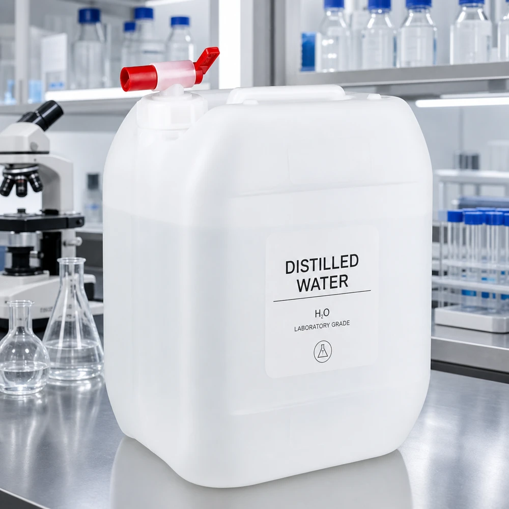 Recipiente de laboratório de 10 litros com torneira de saída vermelha, cheio de água destilada, sobre uma mesa de aço inoxidável