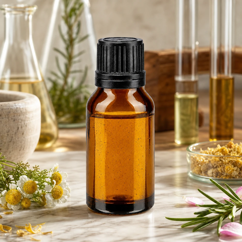Frasco de farmácia castanho 15ml com tampa de conta-gotas, anel de enchimento, tampa preta inviolável de 1mm Frasco de 15 ml na cor âmbar com tampa de rosca preta, entre flores de camomila e alecrim