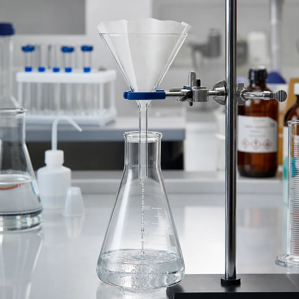 Funil de laboratório de precisão de 100 mm em vidro borossilicato de alta qualidade para dosagem e decantação exactas
