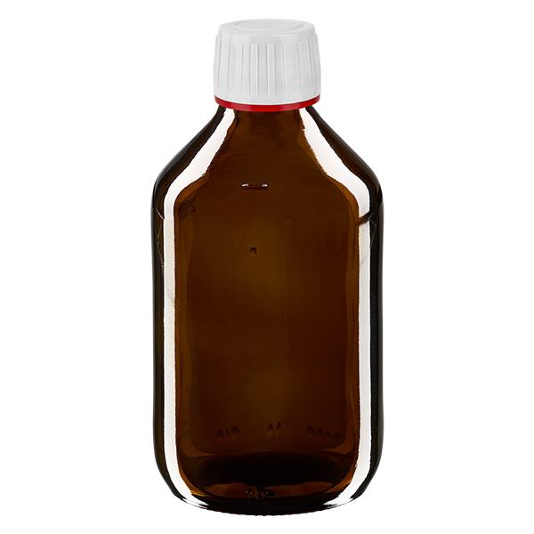 Frasco de medicamento de 250ml castanho, tampa branca com anel inviolável vermelho ApoGlas Frasco de medicamento de 250ml castanho, tampa branca com anel inviolável vermelho ApoGlas