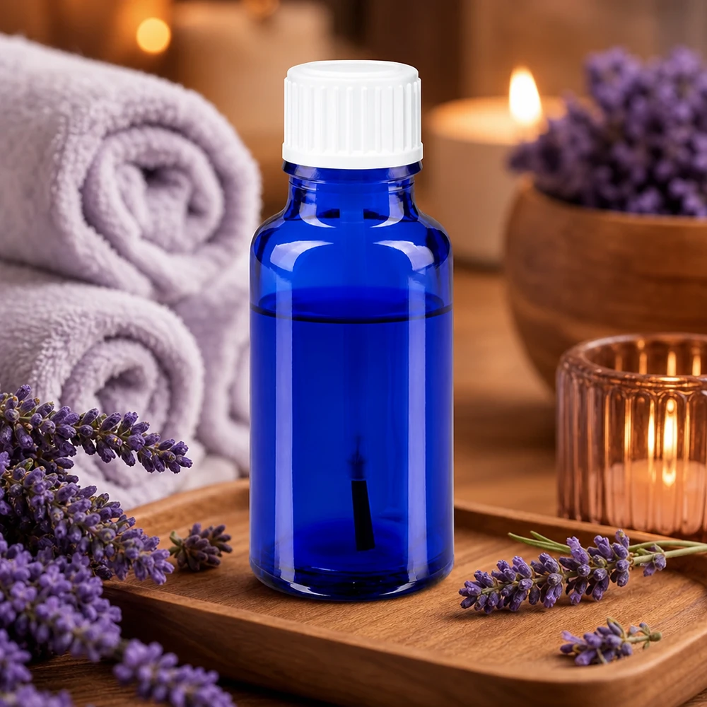 Frasco de vidro azul de 20 ml com tampa branca, sobre uma bandeja de madeira com decoração de lavanda