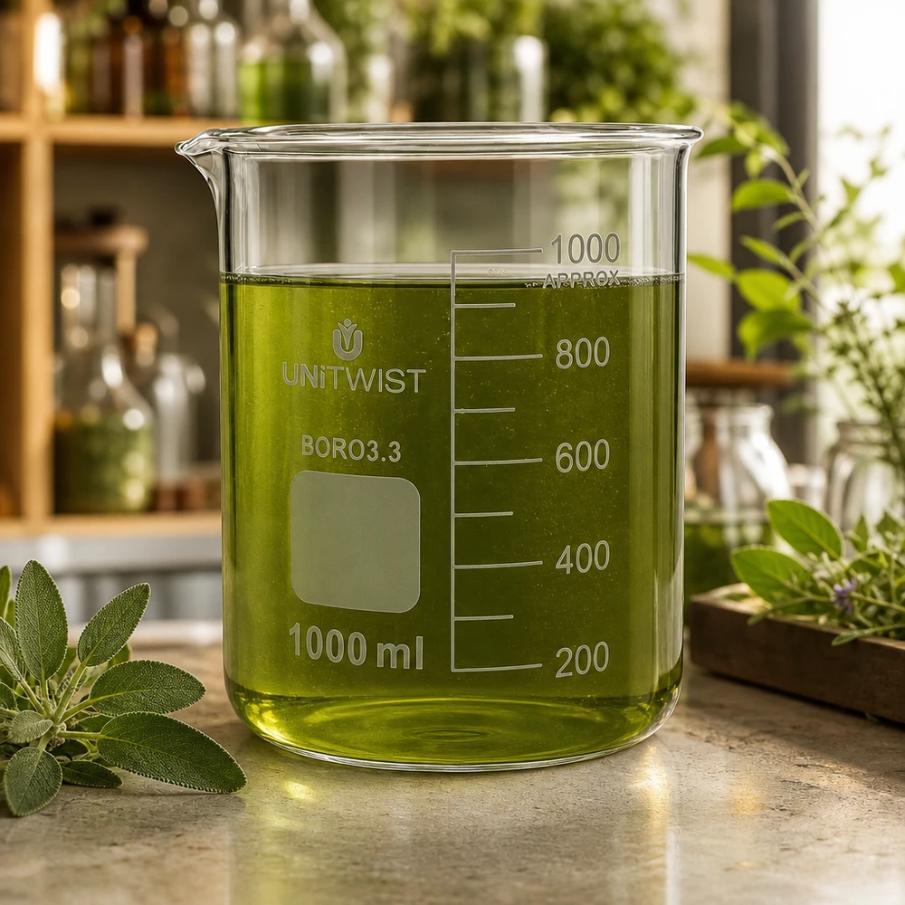 Copo 1000 ml de borossilicato, baixo teor de bolor UNiTWIST Copo de vidro UNiTWIST de 1000 ml, de borossilicato, de formato baixo, com extrato de ervas verdes rodeado por ervas frescas