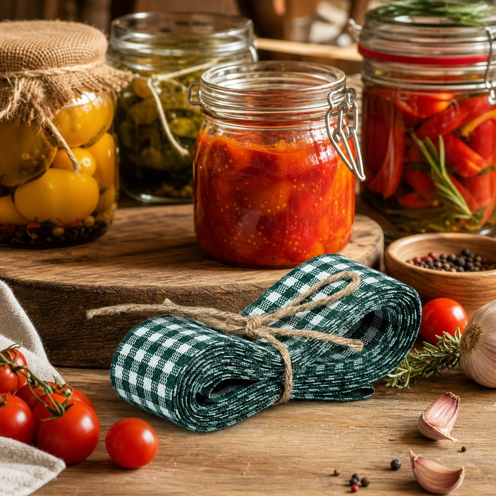 Fita de tecido verde/branca para decoração, 300 cm Fita decorativa verde e branca de 300 cm numa cozinha rústica com frascos de conserva e tomates frescos como inspiração de decoração