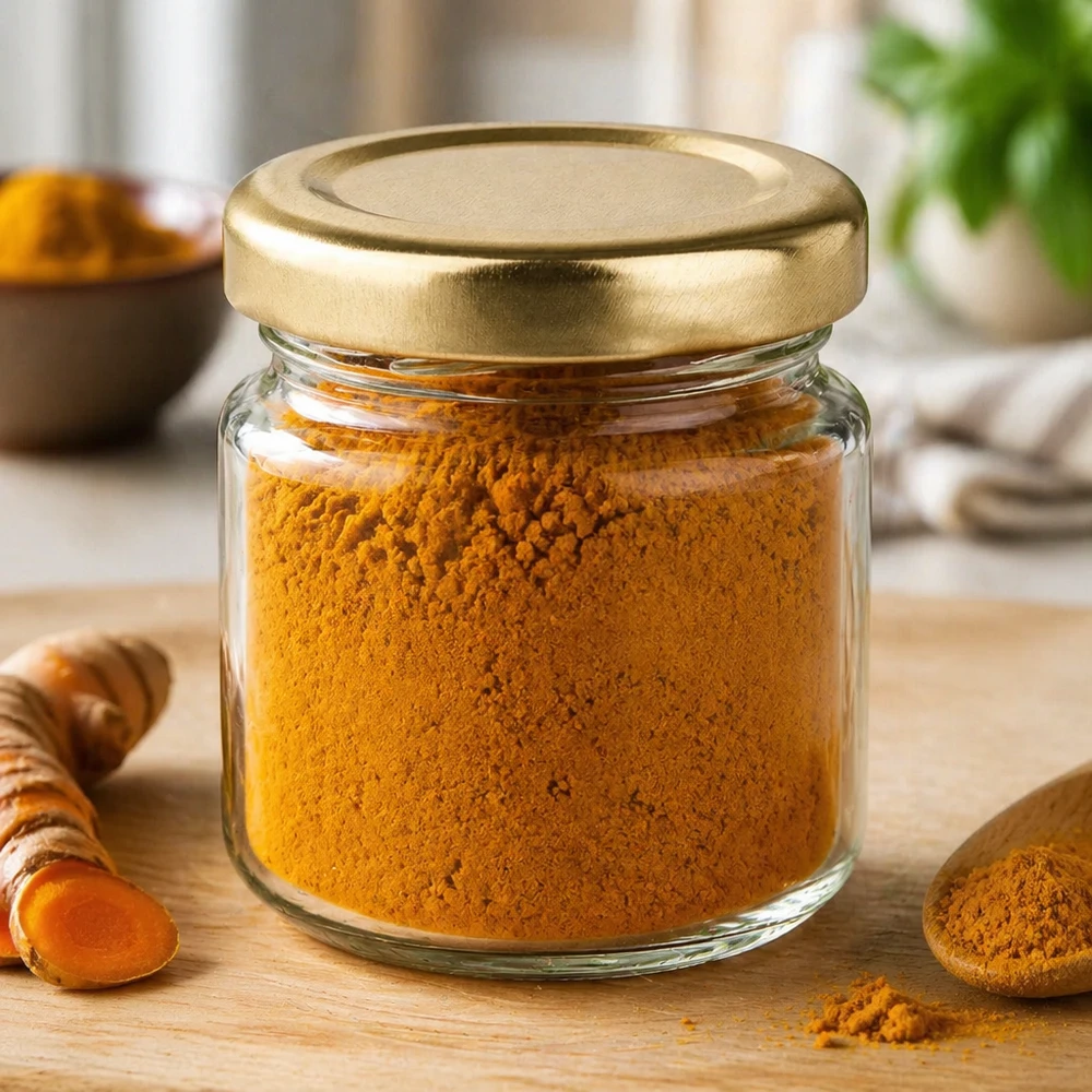 Frasco redondo UNiTWIST de 53 ml cheio de curcuma em pó mostra a utilização como frasco de especiarias com tampa dourada