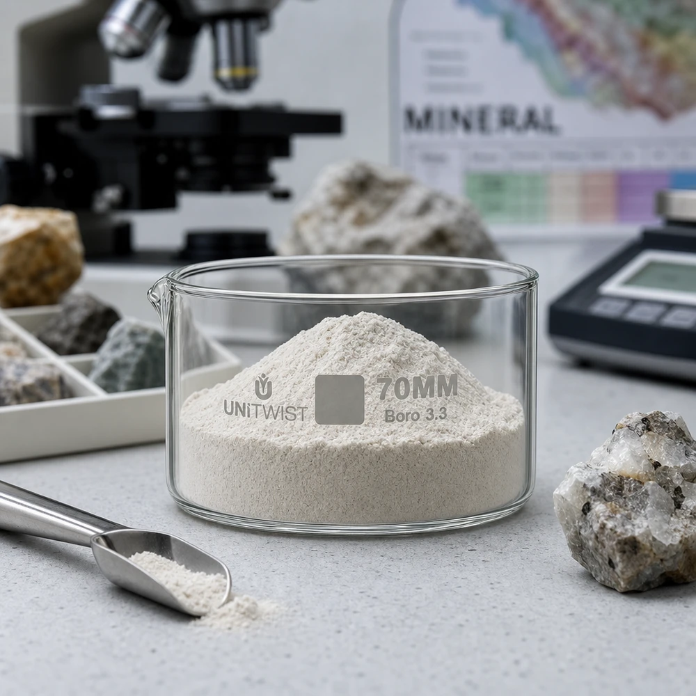 Bacete de cristalização de 70 mm UNiTWIST Boro 3.3 com pó mineral branco no laboratório de geologia