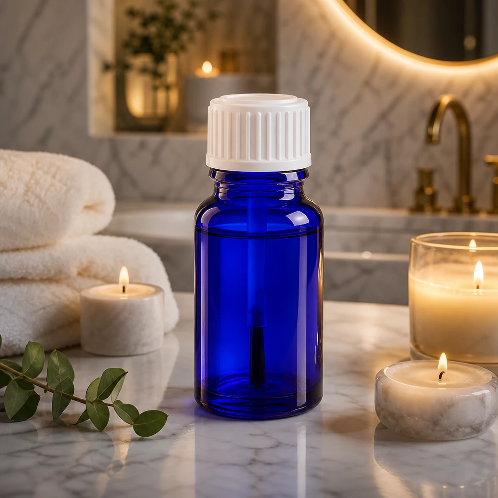 Frasco ApoGlas azul de 10 ml com bico de pincel branco sobre mármore, ao lado de velas e toalhas