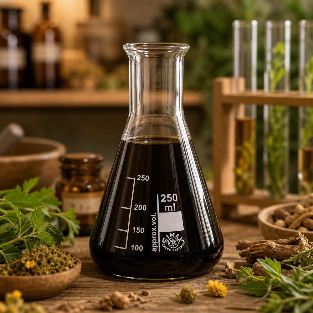 Erlenmeyer resistente ao calor de 250 ml com líquido preto para naturopatia e extractos de ervas