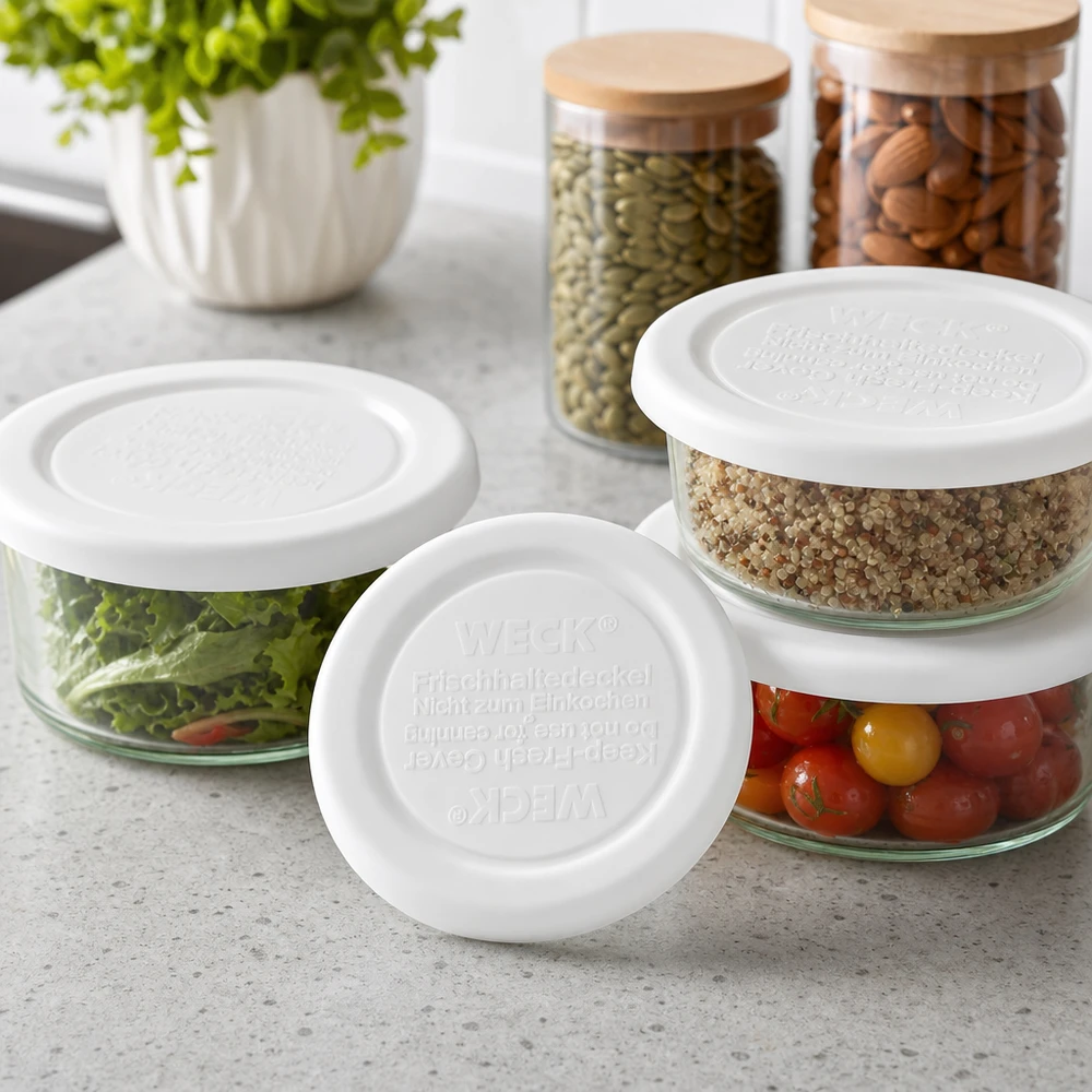 Tampa de conservação de frescos WECK RR40 Tampa de conservação WECK RR40 para taças de vidro com quinoa, tomate e salada - arrumação versátil na cozinha