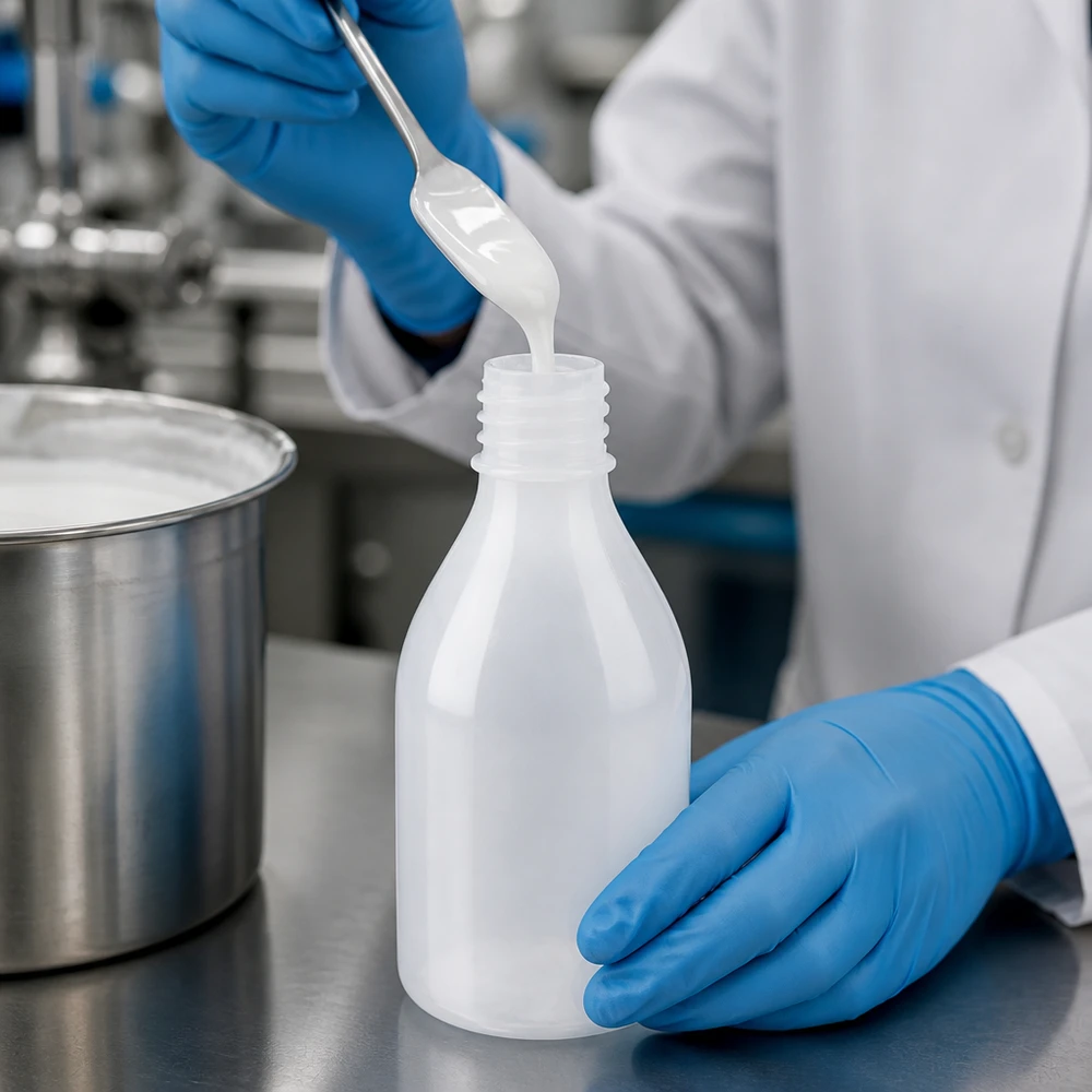 Frasco de laboratório de 100ml com gargalo estreito e sem tampa Um técnico de laboratório enche uma garrafa de laboratório de plástico de gargalo estreito, com 100 ml de capacidade, sem tampa, com uma suspensão branca