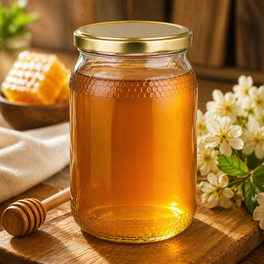 Frasco de 900 ml cheio de mel com tampa UNiTWIST dourada num ambiente natural com flores e favos de mel