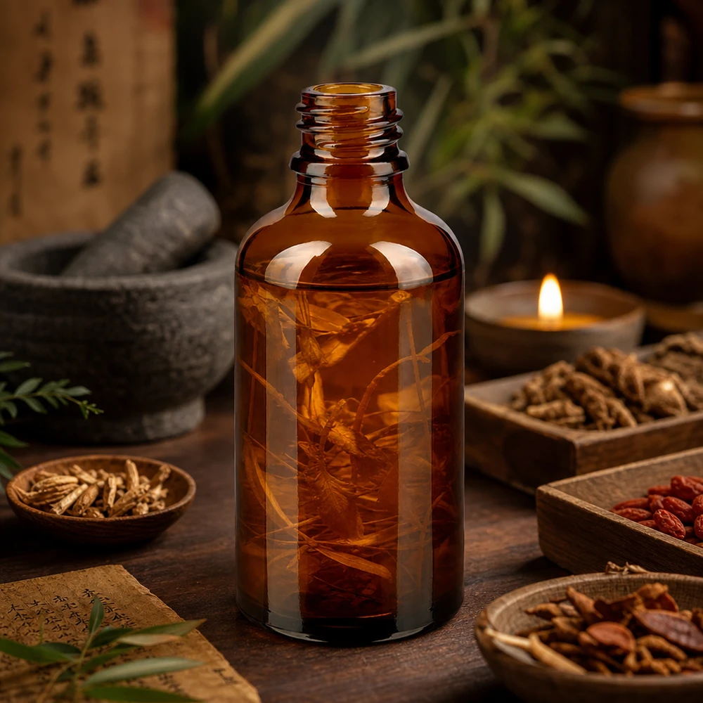 Frasco conta-gotas 50 ml DIN 18 em vidro âmbar Frasco de farmácia ApoGlas castanho de 50 ml com raízes secas rodeadas de ervas medicinais tradicionais e luz de velas