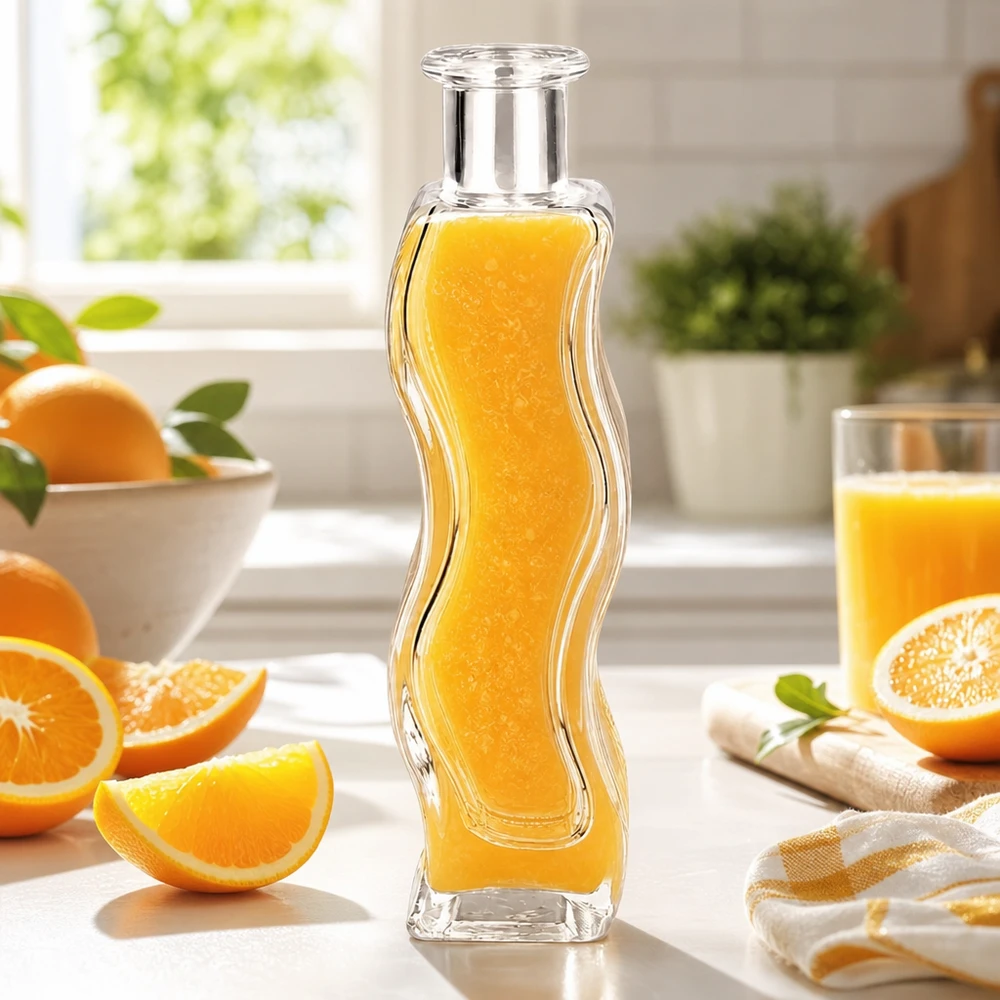 Garrafa de vidro de 100 ml de Melissa cheia de sumo de laranja numa cozinha de cor clara rodeada de laranjas frescas e citrinos