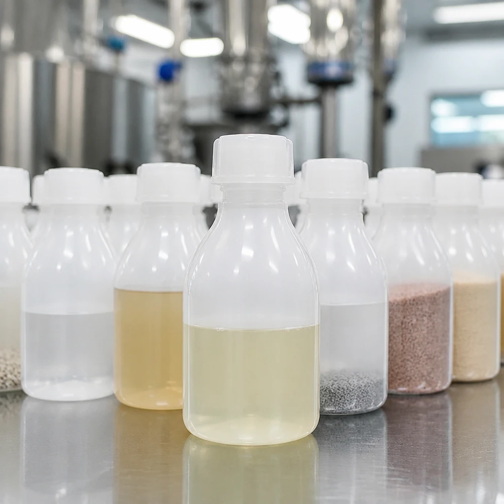 30ml Schraubflasche, Enghals Laborflasche Vários frascos de 30 ml com gargalo estreito e tampa de rosca, contendo diversos materiais de enchimento e líquidos, num ambiente laboratorial
