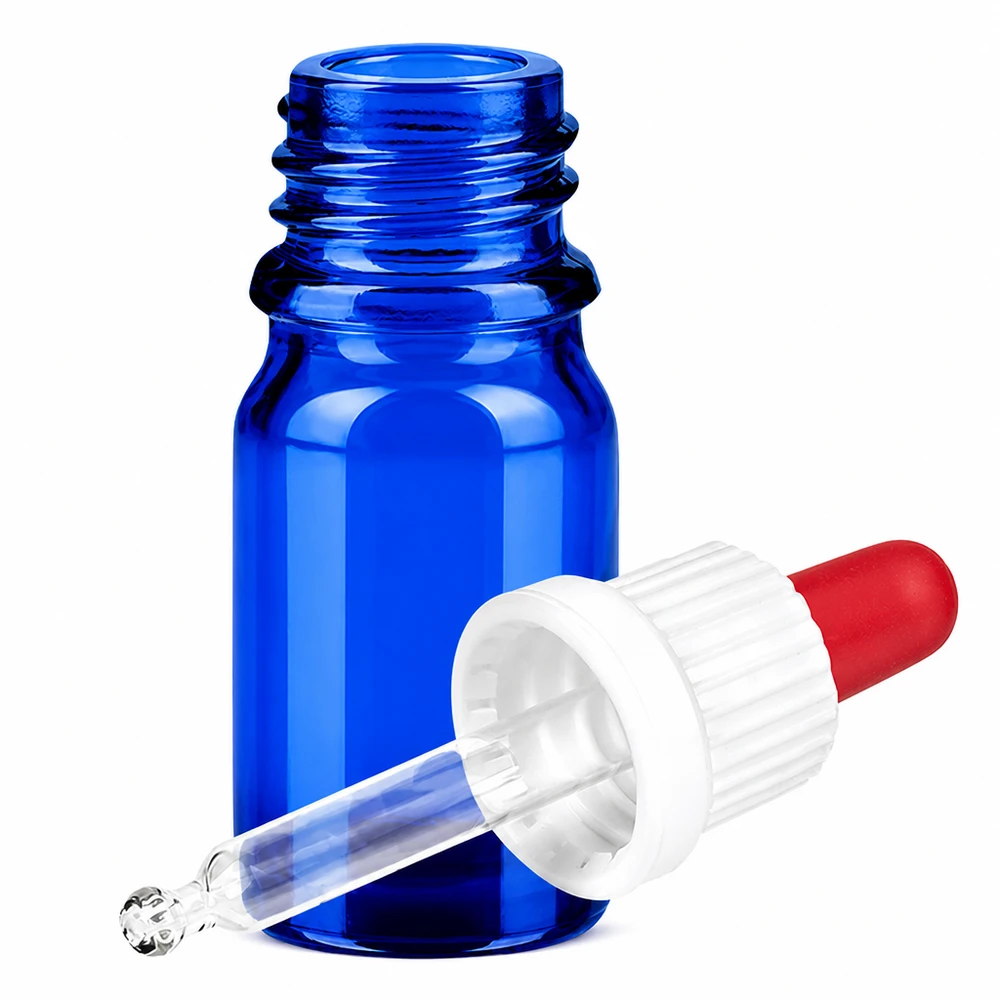 Frasco pipeta de 5 ml branco/vermelho com fecho inviolável BlueLine UT18/5 Frasco de vidro azul pequeno de 5 ml com pipeta para óleos essenciais e cosméticos BlueLine UT18/5