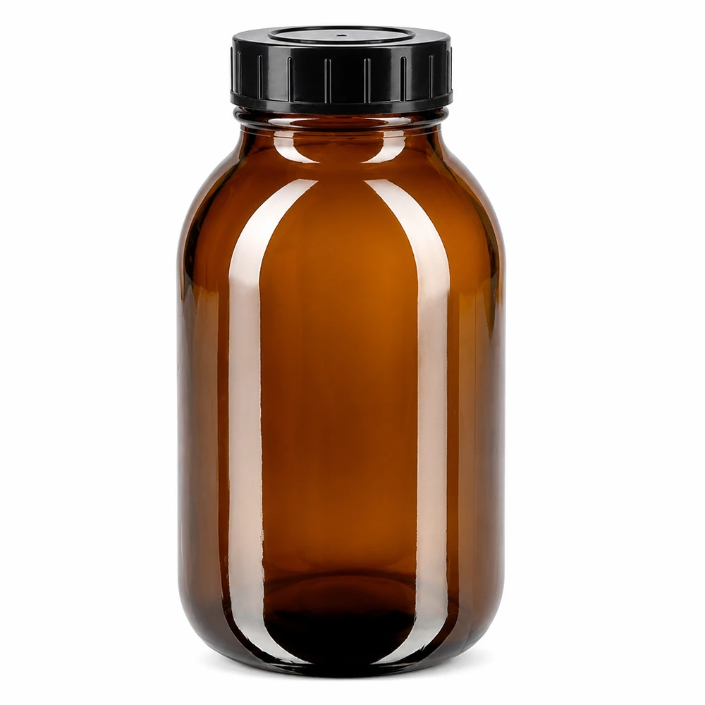 Garrafa de 500ml com gargalo largo em vidro âmbar com tampa de rosca Garrafa de 500 ml de gargalo largo em vidro âmbar com tampa de rosca preta para uma conservação óptima