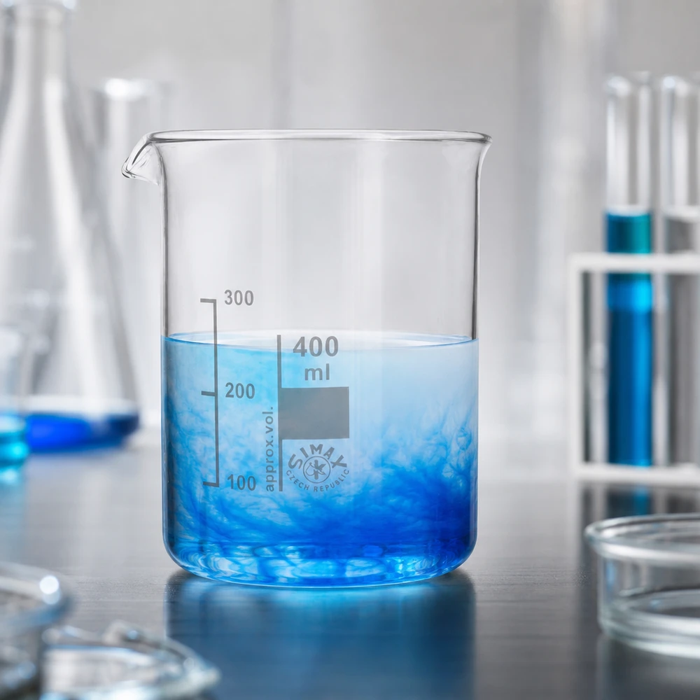 Copo de vidro de borosilicato de 400ml, forma baixa Copo transparente de 400 ml com líquido azul e graduações em mililitros claramente visíveis