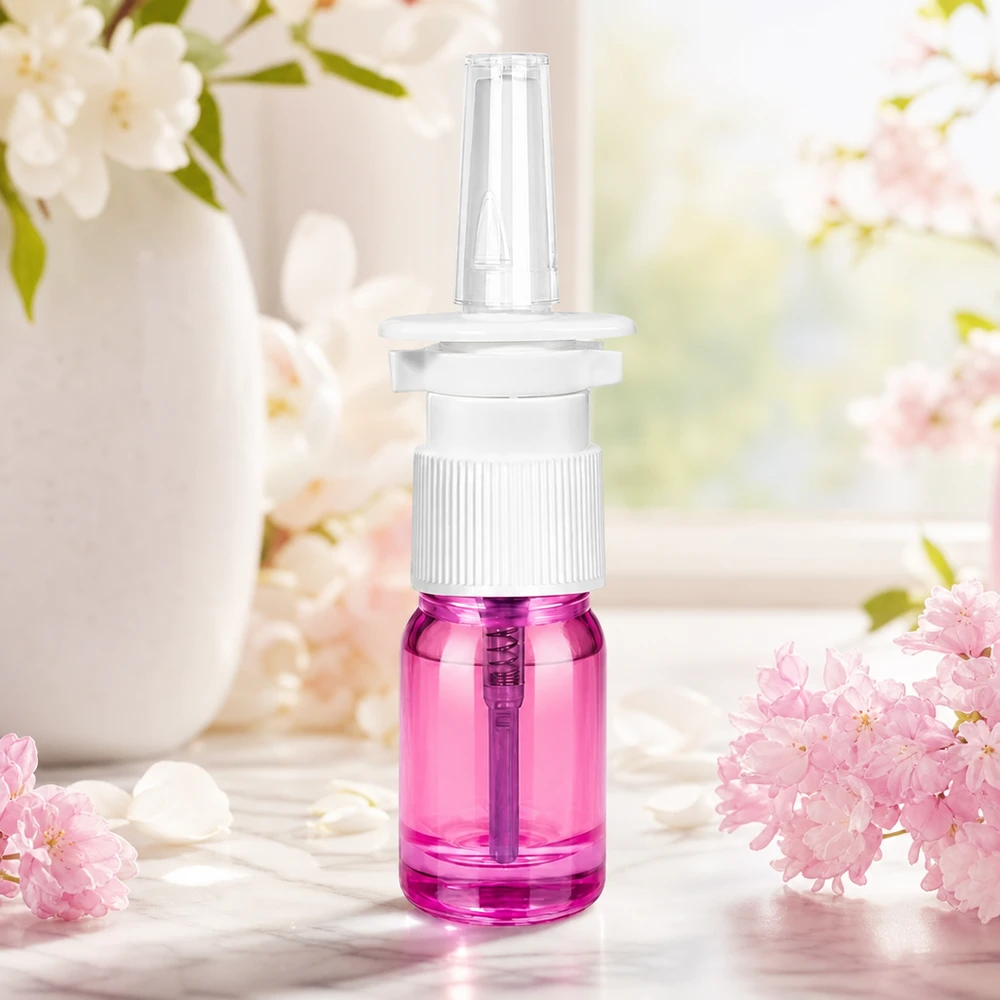 Frasco de spray nasal roxo de 5 ml com rosca padrão UT18/5 para soluções de spray médicas e cosméticas