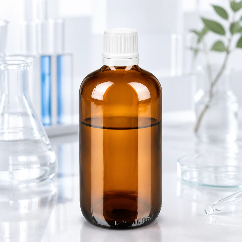 Frasco de farmácia de 100 ml em vidro castanho com tampa OV branca e conta-gotas de 0,7 mm no laboratório