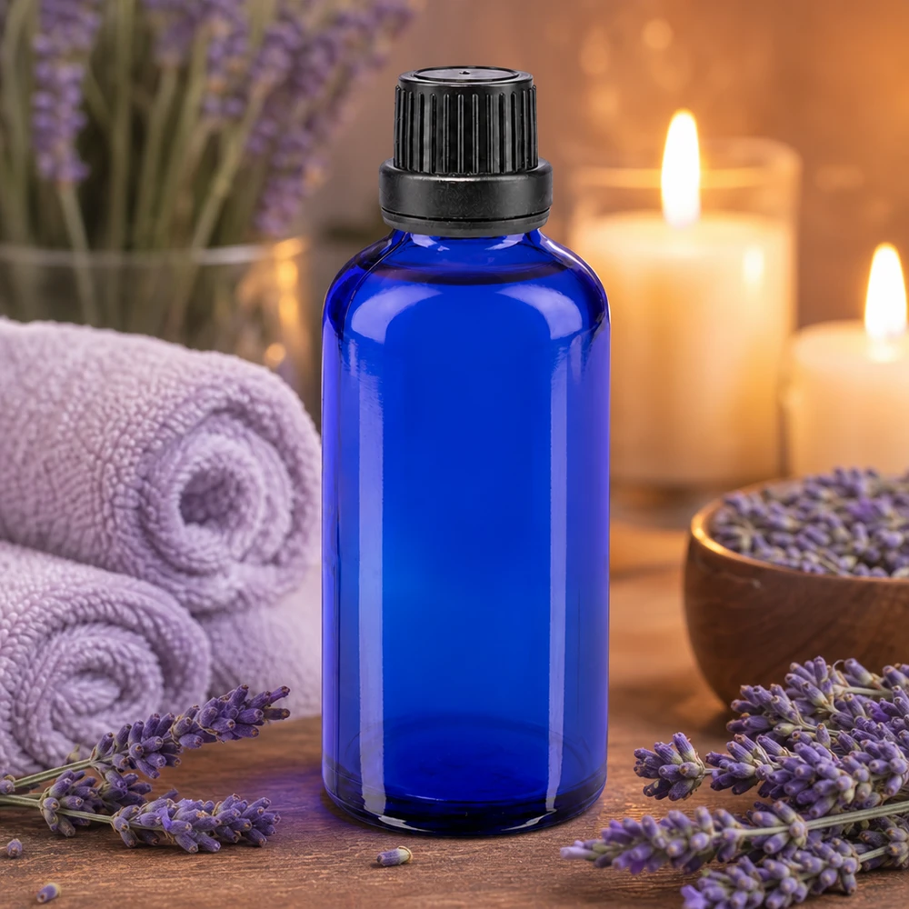 Frasco de farmácia azul 50ml tampa de rosca preta fecho inviolável Garrafa de vidro azul de 50 ml com lavanda e velas num ambiente relaxante de spa