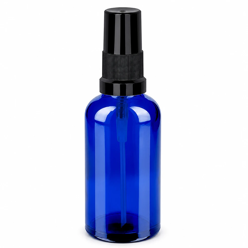 Frasco de spray de vidro azul de 50 ml com atomizador preto para cosméticos e óleos essenciais